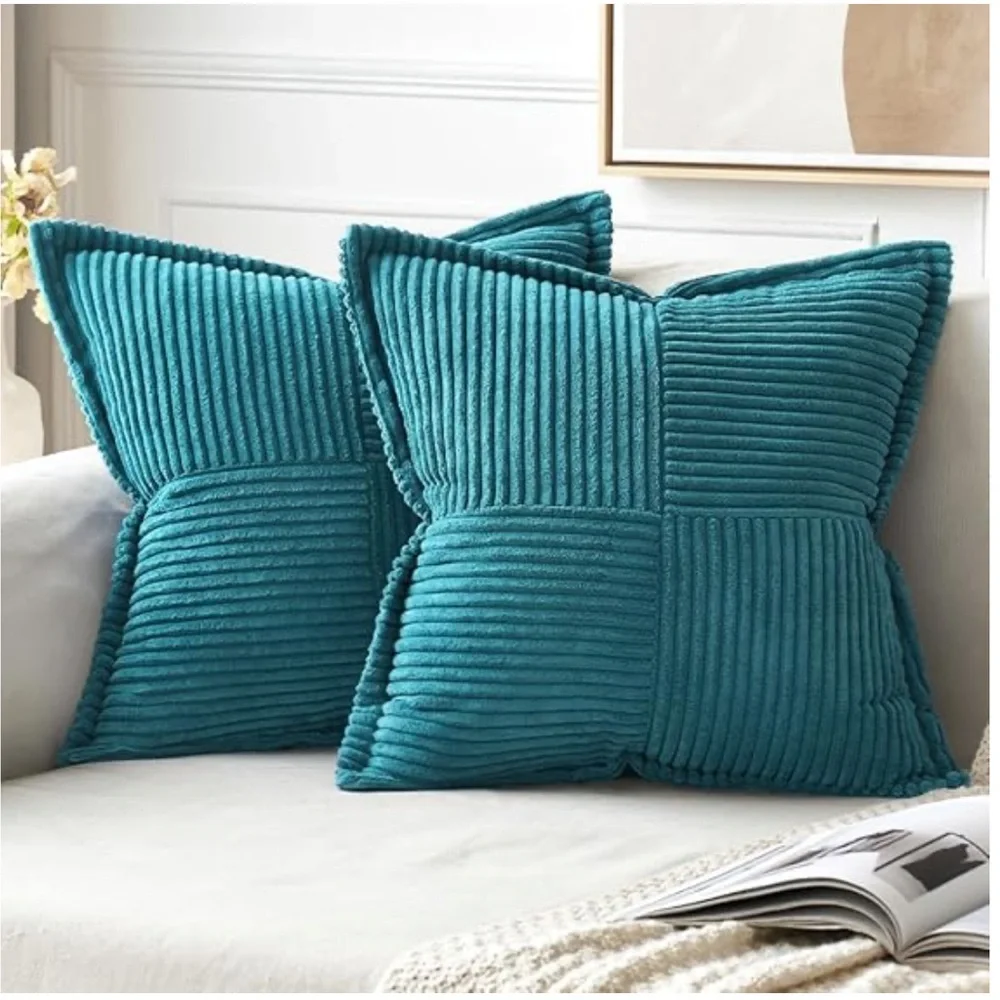 ‘Car Home Office Outdoors’ Striped Patchwork Corduroy Pillow Covers TEAL BLUE
